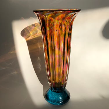 Hand Blown Multi Colored Art Glass Vase, signed by artist, 4.25” D x 10” H 