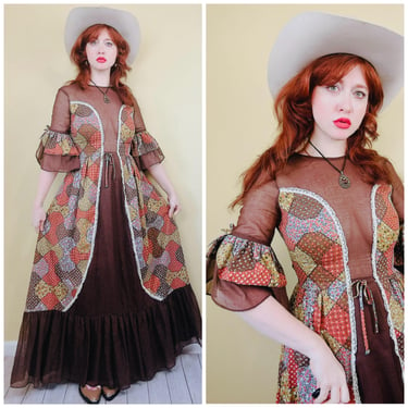 1970s Vintage Couriers California Brown Patchwork Prairie Dress / 70s Seventies Bell Sleeve Ruffled Plunging Neck Illusion Maxi / Medium 