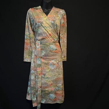 floral wrap dress 1970s abstract watercolor true wrap dress large XL 