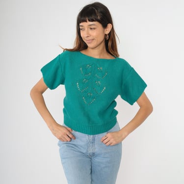 80s Teal Sweater Top Catalina Leaf Cutwork Short Sleeve Pointelle Knit Shirt Boatneck Sweater Cutout Retro Blouse Vintage 1980s Small Medium 