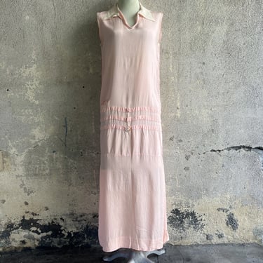 Antique 1920s Pink Silk  Midi  Dress Mother Of Pearl Buckle Sleeveless Vintage