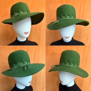 Olive Green Vintage 60s 70s Wide Brim Felt Hat 