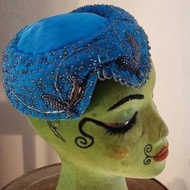 Gorgeous Evelyn Varon Exclusive Blue Velvet High Fashion Beaded Hat 