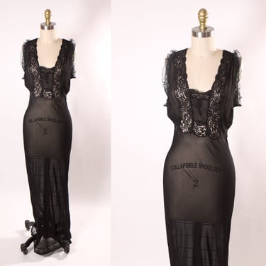 1930s Sheer Black Sleeveless Bias Cut Full Length Wiggle Lingerie Lace Trim Night Gown -S 