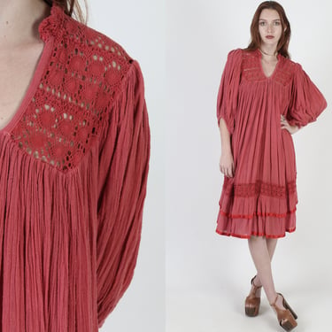 Saffron Trapeze Gauze Dress / Thin Puff Sleeve Cotton Dress / Embroidered Crochet Cutout Bib / Vintage Ethinc Mexican Midi Dress 