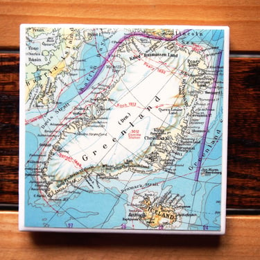 1966 Greenland Vintage Map Coaster. Greenland Gift. World Travel Decor. History Gift. Iceland Map. Denmark. Danish Decor. Repurposed Map. 