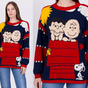 80s Peanuts Snoopy & Friends Sweater - Men's Medium, Women's Large | Vintage Charlie Brown Cartoon Knit Pullover 