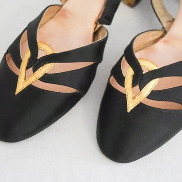 1930s Black Satin and Gold Leather Boudoir Slippers 