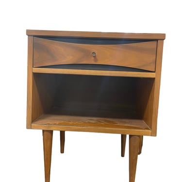 Vintage 1960s Mid Century Walnut Nightstand with Black Bow Tie Drawers 