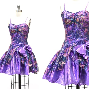 Vintage 80s Prom Dress Size XS Small Metallic Purple Lace Ruffle Dress// 80s Vintage Purple Metallic Party Barbie Dress XS Small Flirtations 