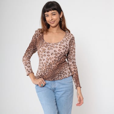 Y2K Leopard Print Top Vintage Lettuce Edge Hem Shirt Animal Print Long Sleeve Blouse Stretch Party Going Out Scoop Neck Fitted 00s Large L 