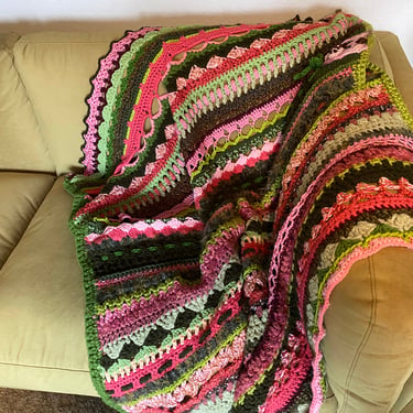 Vintage Crocheted Afghan w Kitty Cat Face | Pinks & Greens Watermelon Sugar Colors | 70s Handmade Blanket Throw for Boho Hippie Home Decor 