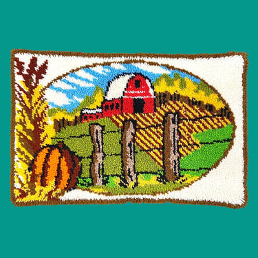 Vintage Latch Hook Rug 1980s Retro Size 36x24 Farmhouse + Handmade + Barn + Crops + Rectangular Accent Rug + Kids Room/Nursery + Home Decor 