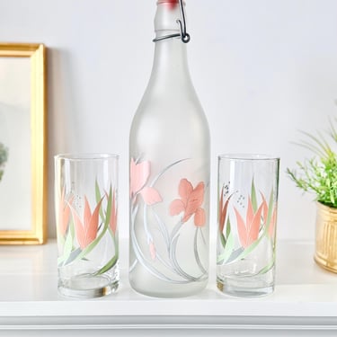 Vintage 80s Frosted Glass Decanter Set 2 with Glass Tumblers, Bottle and Glasses Barware Set, Cerve Italy Wine Decanter, Pastel Pink Floral 