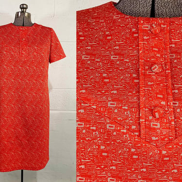 Vintage Mod Red Shift Dress Geometric Abstract Scooter Twiggy Short Sleeves Dopamine Dressing Curvy Volup Large XL 1960s 