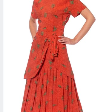 1940'S Lora Lenox Persimmon Red Rayon Crepe Rockabilly Lindy Hop Swing Dancer Music Note Print Dress 