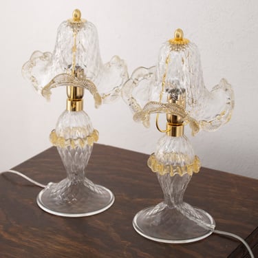 Set di 2 Lampade tavolo vetro di Murano trasparente con decorazioni artistiche in ambra oro, fatta a mano Made in Italy, design italiano 