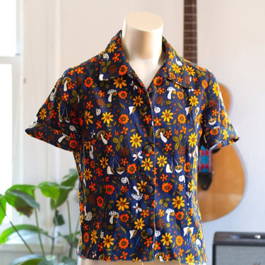 Vintage Psychedelic Mushroom Shirt - 1970s - Groovy Button-Up Top - Floral - Navy Blue 