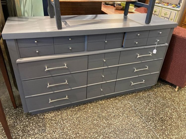 Gray painted mid century 9 drawer dresser 59.75” x 20.75” x 31.75”