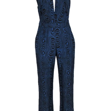 Diane von Furstenberg - Blue & Black Wood Grain Print Silk Jumpsuit Sz 2