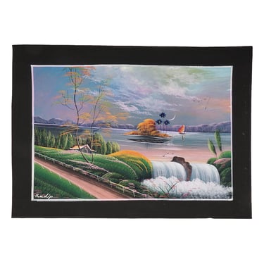 Pradip Acrylic Painting on Paper India Landscape Vintage Waterfall Summer Scene 