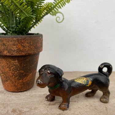 Vintage Cast Iron Souvenir Dachshund Figure, Miniature Doxie Wiener Dog Lovers, Watkins Glen, New York, Green Collar, Hubley? 