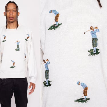 90s Izod Golf Sweater - Men's Medium | Vintage White Cotton Embroidered Golfer Novelty Knit Pullover 