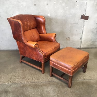 Vintage Shafer Leather Queen Anne Chair &amp; Ottoman