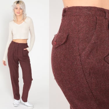 Burgundy Wool Trousers 70s Dress Pants Tapered Leg Pants High Waisted 1970s Vintage Maroon Pleated Pants Extra Small xs 