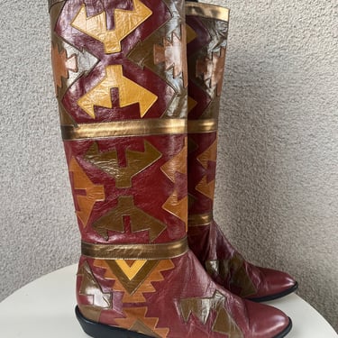 Vintage New Wave Zalo tall leather boots southwestern design metallic bronze burgundy yellow 8.5B 