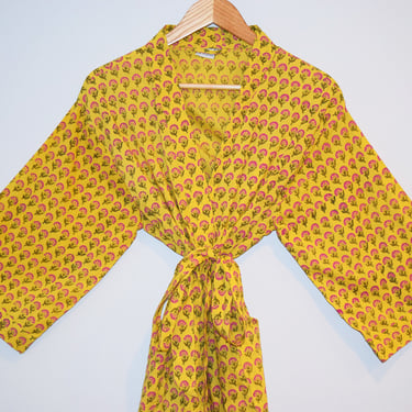 Hand Block Print Kimono, Cotton Bathrobe, Lightweight Cotton Robe, Cotton Dressing Gown, Short Kimono, Wood Block Print, Yellow Floral Robe 