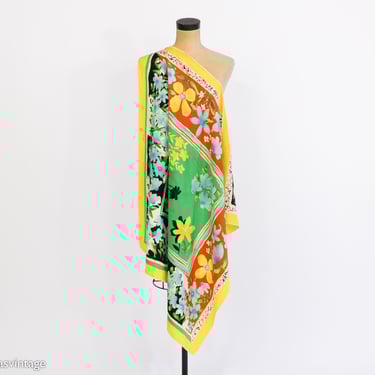 1980s Flower Silk Scarf | 80s Green & Yellow Floral Silk Scarf | Piramit 