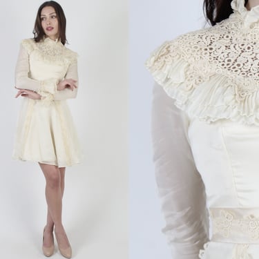 60s Ivory Chiffon Wedding Dress, Bridal Party Sheer Ruffle Composer Sleeves, Vintage 1960s Solid Color Plain Cream Mini Dress 