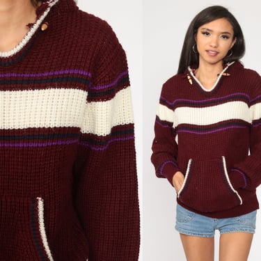 Hooded Sweater 80s Striped Knit Hoodie Burgundy Sweater Vintage Boho Pullover Hood Hippie Jumper 70s Small Medium 