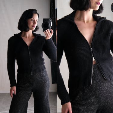 MATILDE for MADISON Black Cashmere Mesh Knit Cropped Two Way Zipper Sweater  | 100% Cashmere | Made in Italy | 1990s Y2K Designer Sweater 
