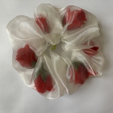 Mini Sheer Rose Scrunchie in Ivory & Red