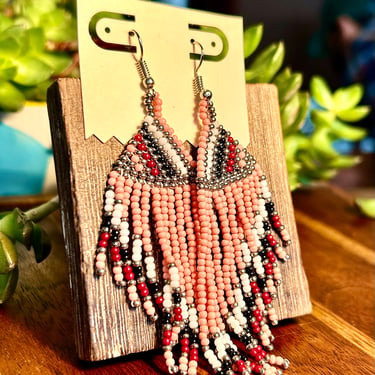 Vintage Seed Bead Dangle Earrings Native American Pink Beaded Retro Jewelry 70s Southwestern 