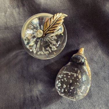 bubble glass paperweight choice apple or pear with brass leaf 