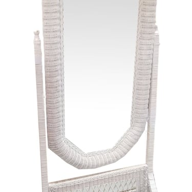 Restored White Rattan Wicker Full Length Cheval Mirror 