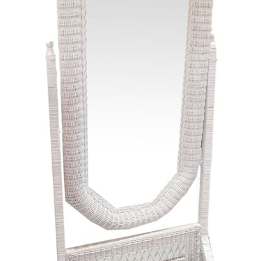 Restored White Rattan Wicker Full Length Cheval Mirror 