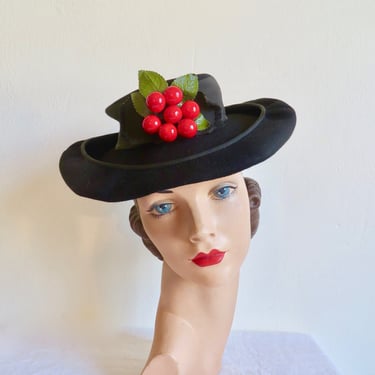 1940's Black Felt Brimmed Hat with Red Cherries Fruit Trim Fall Winter WW2 Era 40's Millinery Townleigh Modes 