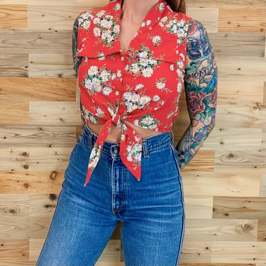 90's Floral Daisy Cropped Tie Front Shirt 