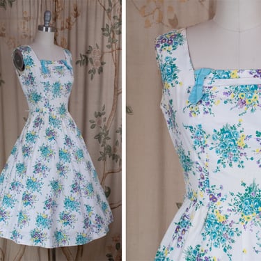 1950s Dress - The Diana Dress - Gorgeous Vintage 50s Floral Summer Sundress with in with Purple, Yellow and Turquoise Blooms 