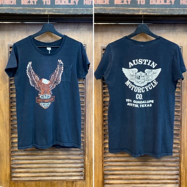 Vintage 1970’s Two-Sided Harley Davidson Motorcycle MC Dealership Austin Texas Pocket T-Shirt, 70’s Tee Shirt, Vintage Clothing 