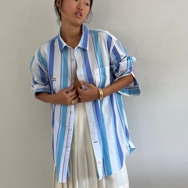 90s striped cotton shirt / vintage Nautica wide awning stripe oversized preppy boyfriend button down pocket shirt | XL Extra Large 