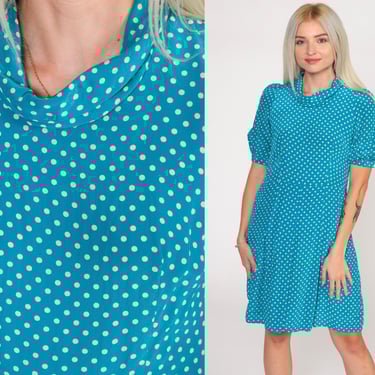 Silk Polka Dot Dress 70s Mod Mini Dress Blue Puff Sleeve Dress Pleated High Waist Scooter 1970s Hippie Shift Vintage Retro Extra Small xs 