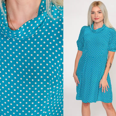 Silk Polka Dot Dress 70s Mod Mini Dress Blue Puff Sleeve Dress Pleated High Waist Scooter 1970s Hippie Shift Vintage Retro Extra Small xs 