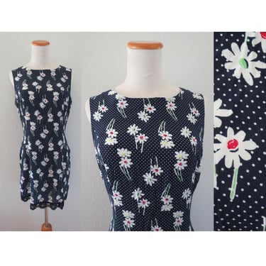 Vintage 90s Floral Mini Dress Sleeveless Daisy Flower Print Lace Hem Front Slit - Size Small 