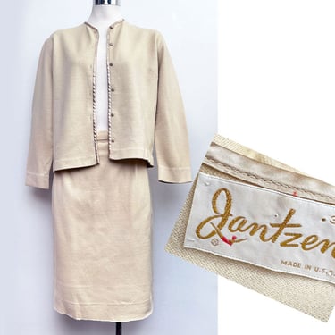 60s Skirt Suit Sweater Set, Knit Matching Cardigan & Skirt Dress, Ivory Vintage 1960's By Jantzen 1950's Mid Century 