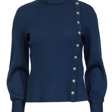 Chanel - Navy Ribbed Asymmetrical Anchor Button Sweater Sz M